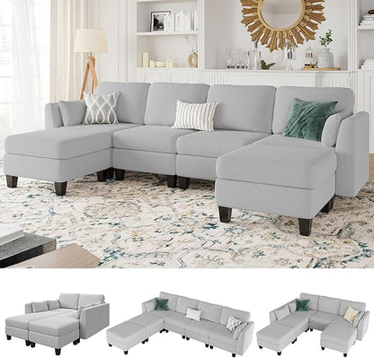 Modular Sectional Sofa, 6 Seaters Modular Sleeper Sofa Couch, Comfy Sectionals Couches Bed, Convertible Sofas with Ottomans, Sectional Couches for Living Room, Light Grey