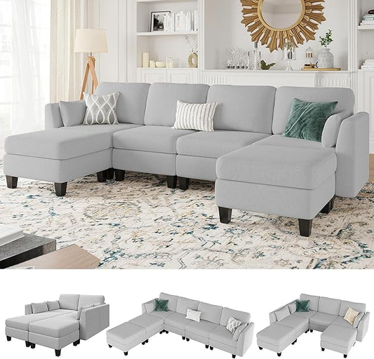 Modular Sectional Sofa, 6 Seaters Modular Sleeper Sofa Couch, Comfy Sectionals Couches Bed, Convertible Sofas with Ottomans, Sectional Couches for Living Room, Light Grey