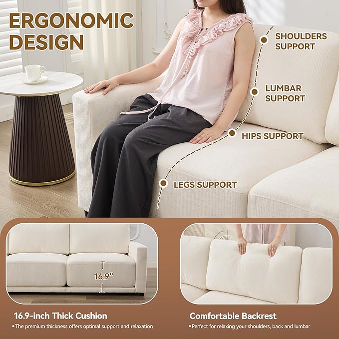 143.8" Modular Sectional Sofa Modern Chenille U Shaped Couch with Thickened Seat Cushions, Easy Assembly, Upholstered 6 Seater Couch with 2 Movable Ottomans for Living Room, White