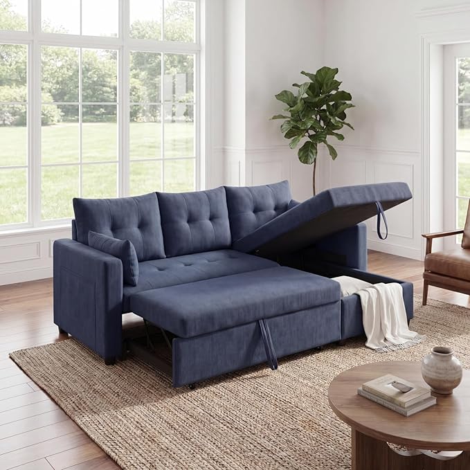 Convertible Sofa Bed, L Shape Sleeper Sofa with Reversible Storage Chaise, Tufted Fabric Sectional Sleeper Sofa with Pull Out Bed for Small Space, Living Room, Apartment, Dark Blue