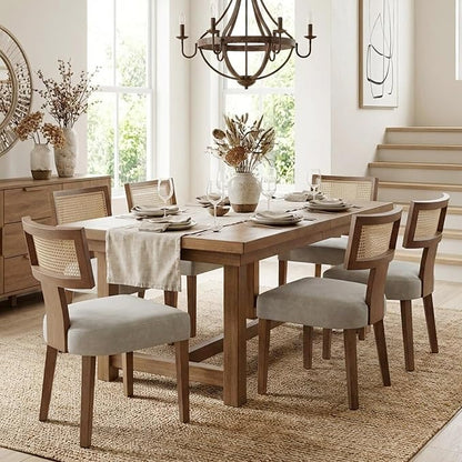 HNY Mid Century Modern Rattan Dining Chairs Set of 6, Farmhouse PU Leather Upholstered Accent Chair Curved Backrest Kitchen Chairs, with Hardwood Frame, Grey
