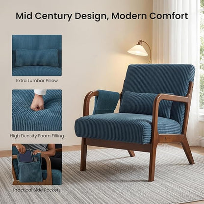 DUMOS Mid Century Modern Accent Chair, Upholstered Armchair with Lumbar Pillow and Solid Wood Frame, Comfy Reading Chair for Small Living Room, Bedroom, Guest Room, Navy Blue