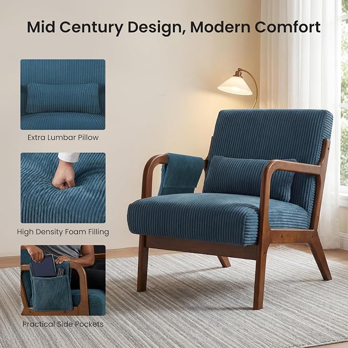 DUMOS Mid Century Modern Accent Chair, Upholstered Armchair with Lumbar Pillow and Solid Wood Frame, Comfy Reading Chair for Small Living Room, Bedroom, Guest Room, Navy Blue