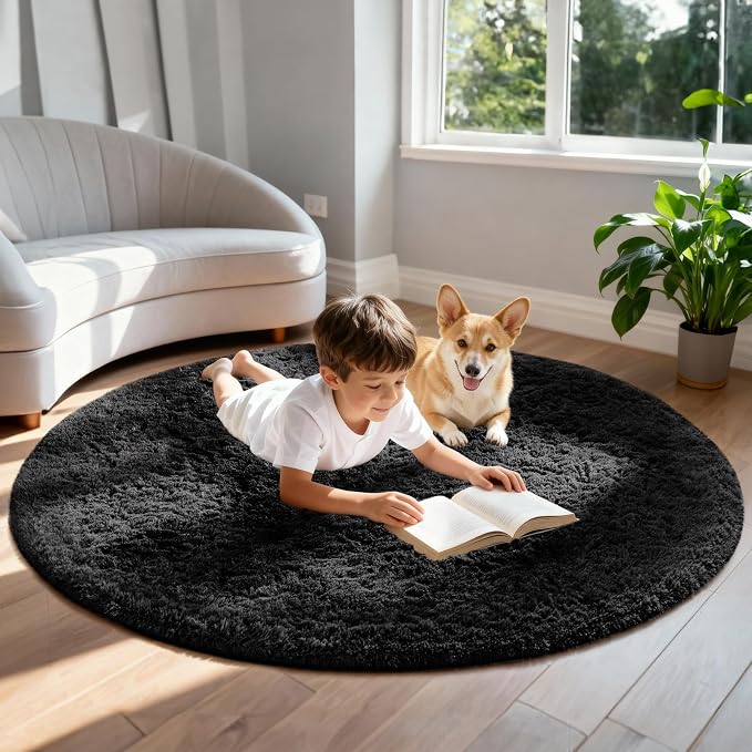 Ophanie Round Rug 5Ft Black Circle Area Rug, Room Decor for Men, Fluffy Fuzzy Bedroom Carpet, Plush Soft Shaggy Living Room Rugs for Kids Home Aesthetic, Nursery with Over 99 pcs Pile fibers