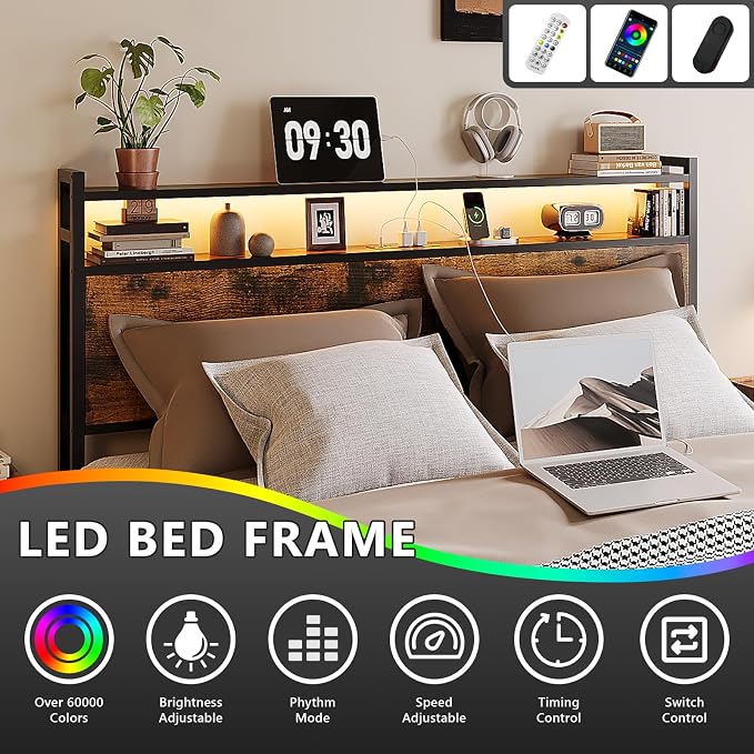 VINGLI Full Platform with 4 Storage Drawers and Headboard, Metal Double Bed with Charging Station and LED Lights, No Box Spring Needed, Noise Free, Easy Assembly, Vintage Brown