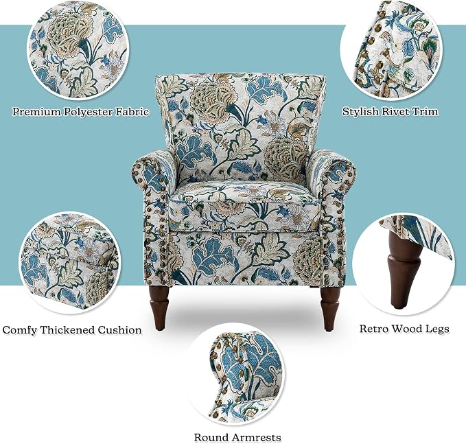 HULALA HOME Modern Wingback Accent Chairs Set of 2 with Wood Legs & Removable Cushion, Comfy Upholstered Armchairs with Nailhead Trim, Floral Pattern Single Sofa Chairs for Living Room Bedroom, Green