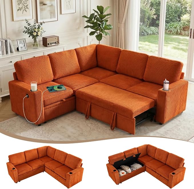 Sectional Sleeper Sofa with Pull Out Bed, Plush Corduroy L Shaped Corner Couch with Storage, USB Ports, Cup Holders, Comfy Sectional Couches for Living Room, Orange