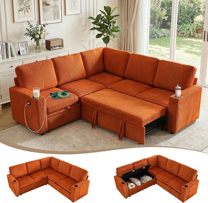 Sectional Sleeper Sofa with Pull Out Bed, Plush Corduroy L Shaped Corner Couch with Storage, USB Ports, Cup Holders, Comfy Sectional Couches for Living Room, Orange