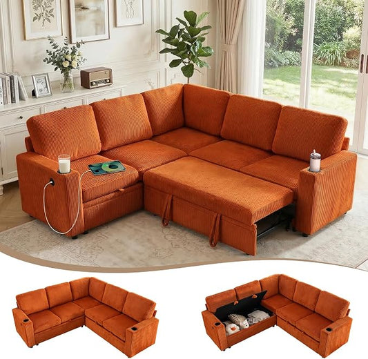 Sectional Sleeper Sofa with Pull Out Bed, Plush Corduroy L Shaped Corner Couch with Storage, USB Ports, Cup Holders, Comfy Sectional Couches for Living Room, Orange
