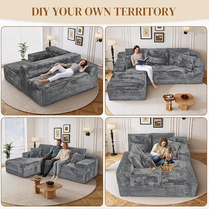 108" L Shaped Boneless Sectional Couches for Living Room, Comfy Corduroy Floor Cloud Sofa with Chaise, Wide Armrest, Deep Seat, Memory Foam, Assembly Free, Ideal for Small Spaces, Grey