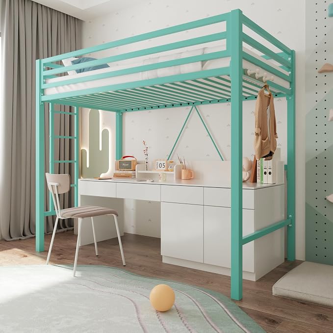 Allewie Metal Loft Bed Twin Size with Guardrail and Ladder,Green | Small Space Saving Design for Bedroom Kid Room and Dorm, No Box Spring Needed