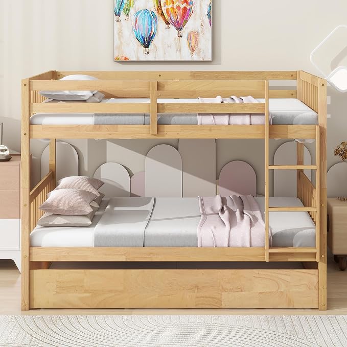 Harper & Bright Designs Convertible Wood Full-Over-Full Bunk Bed with Trundle and Ladder - Can Be Divided Into Two Platform Beds, White Oak