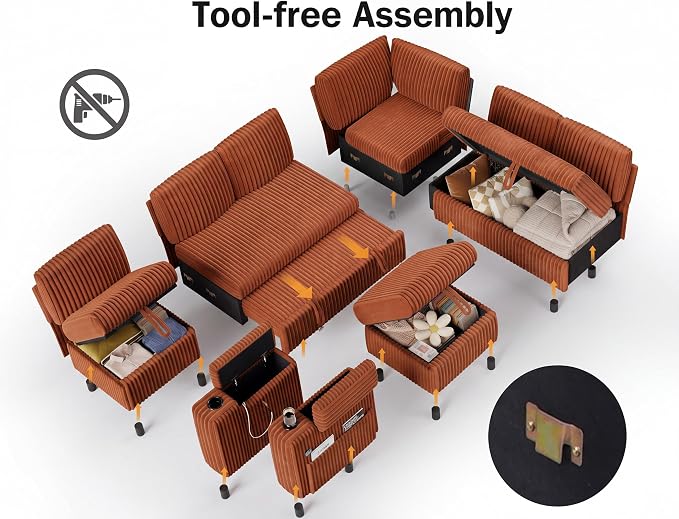 Vipbear 111" Modular Sectional Sleeper Sofa with Pull Out Bed, 7 Seat Corduroy L Shaped Couch with Ottoman|USB Ports|Cup Holders|Side Table|Storage Armrest, Tool Free Assembly, Orange