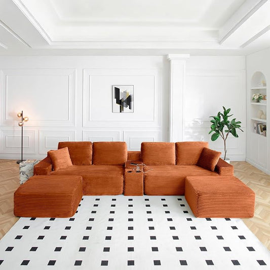 ivoros 125 Inch Modular Sectional Sofa Couch, Oversized Modern Cloud Couch for Living Room, U Shape Couches with 2 Ottomans, USB Ports and Cup Holders, Orange Corduroy Boneless Sofas, Sofa in a Box