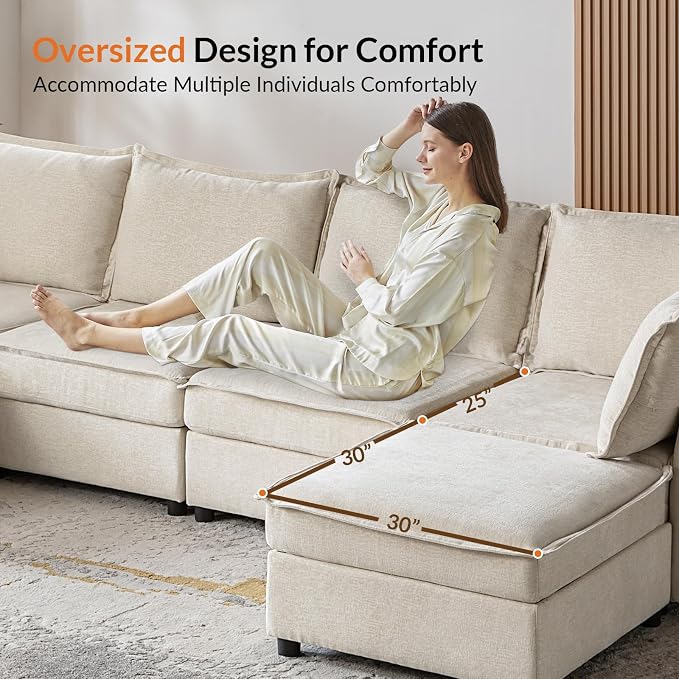 HULALA HOME Modular Sectional Sofa, Oversized 8 Seat U Shaped Couch with Storage Ottoman, Comfy Chenille Sofa with Deep Seat, Convertible Sectional Couches for Living Room, Beige