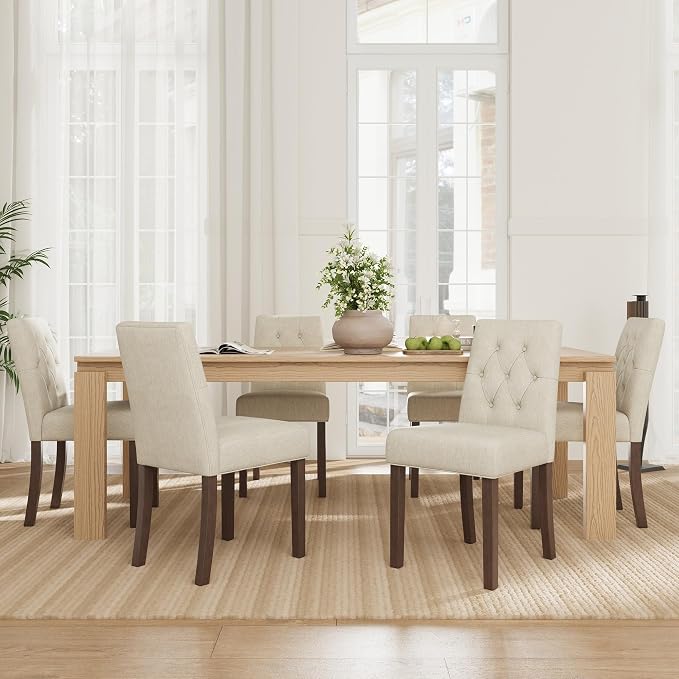 Upholstered Dining Chairs Set of 6 - Modern Parsons Kitchen & Dining Room Chair with Diamond Tufted Back, Solid Wooden Legs for Apartment, Café, Vanity