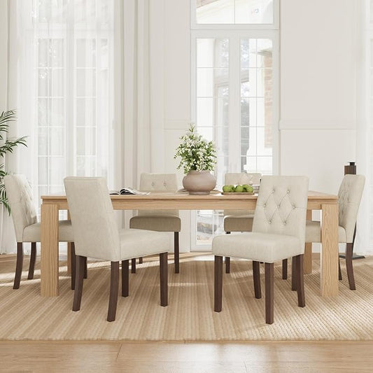 Upholstered Dining Chairs Set of 6 - Modern Parsons Kitchen & Dining Room Chair with Diamond Tufted Back, Solid Wooden Legs for Apartment, Café, Vanity