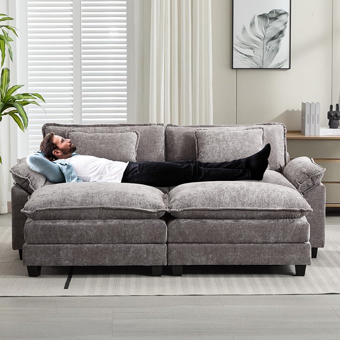 Oprisen 86" Modular Sectional Sofa, Comfy Cloud Couch Sectional Sofa with Ottomans, Chenille Sofa Sleeper Deep Seat Sofa with Throw Pillows for Living Room (Lgiht Grey)