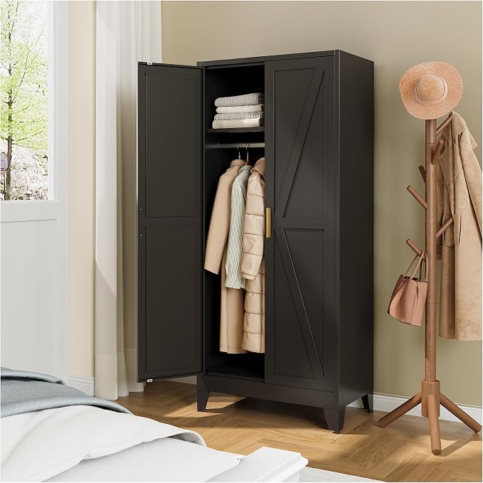 YAUWOH Farmhouse Wardrobe Cabinet,Metal Wardrobe Closet with Hanging Rod,Metal Armoire with Adjustable Shelves for Bedroom,Cloak Room,Office (Black)