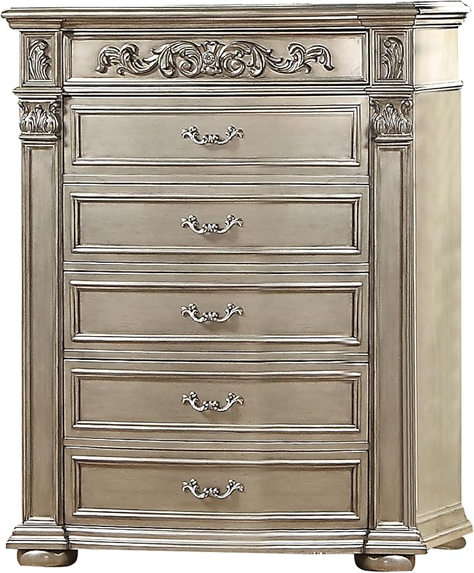 First of a Kind Platinum Traditional 5 Piece King Bedroom Set with Upholstered Tufted Headboard Elegant European Inspired Design Coordinated Furniture Collection, Silver