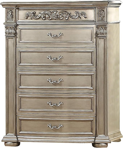 First of a Kind Platinum Traditional 5 Piece King Bedroom Set with Upholstered Tufted Headboard Elegant European Inspired Design Coordinated Furniture Collection, Silver