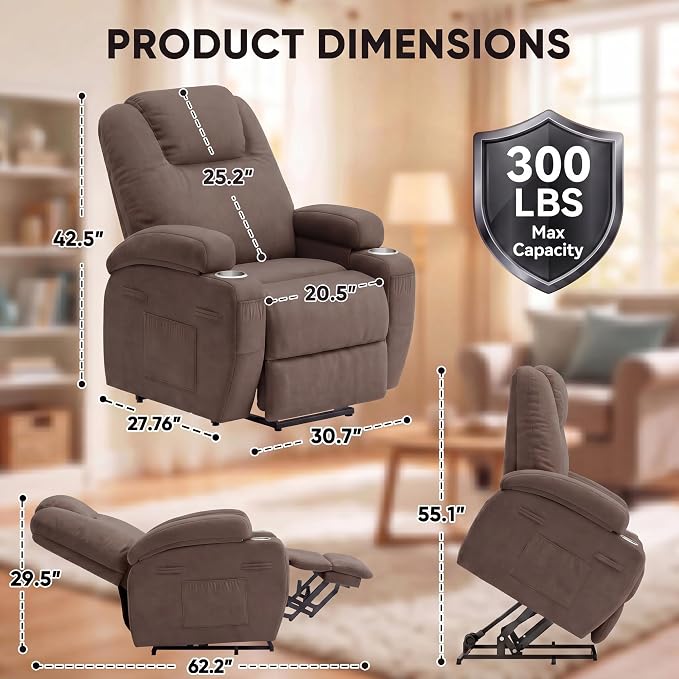 Flamaker Power Lift Chair Massage Recliner Chairs for Elderly - Ergonomic Design with Cup Holders & Side Pockets, Remote Control (Dark Brown)