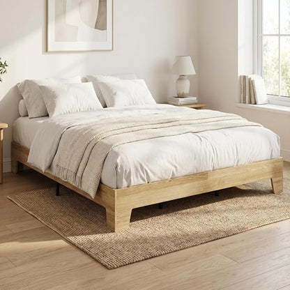 IDEALHOUSE Queen Size Platform Bed Frame,Boho Wood Bed with Noise-Free Slats,No Box Spring Needed,Nature Bedroom Furniture,Sturdy Wooden Bed Foundation,Easy Assembly