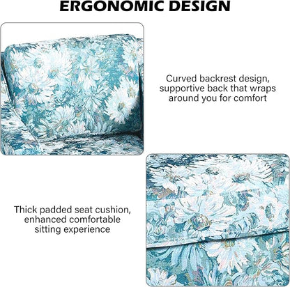 Swivel Accent Chair, Modern Round Barrel Arm Chair for Living Room, Bedroom, Comfy Club Reading Chairs for Adults (Cyan Blooms, Set of 1)