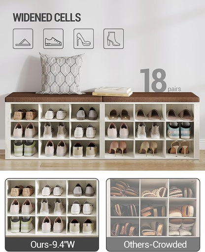 Hzuaneri Shoe Storage Bench with Cushion, Entryway Storage Bench with 18 Cubbies, 9.5" Widened Organizer Cabinet, Long Cubby Rack for Living Room, Bedroom, Entryway, White and Brown SB25714KA