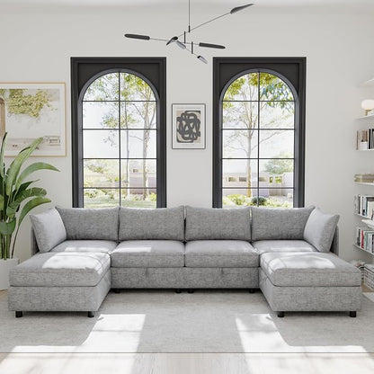 129-Inch U-Shaped 6 Seat Modular Sofa Deep Seat Storage Sectional Sofa Couch Free Combination with Movable Ottomans ,6 Seat Chenille Upholstered U-Shaped Convertible Sleeper Couch for Home Apartment | Space Saving