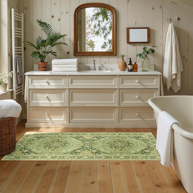 RELEANY Area Rugs Runner 2'x5' Washable Non-Slip, Floral Vintage Distress Medallion Carpet for Kitchen Hallway Bedroom Beside Laundry Room Bathroom, Sage Green Yellow