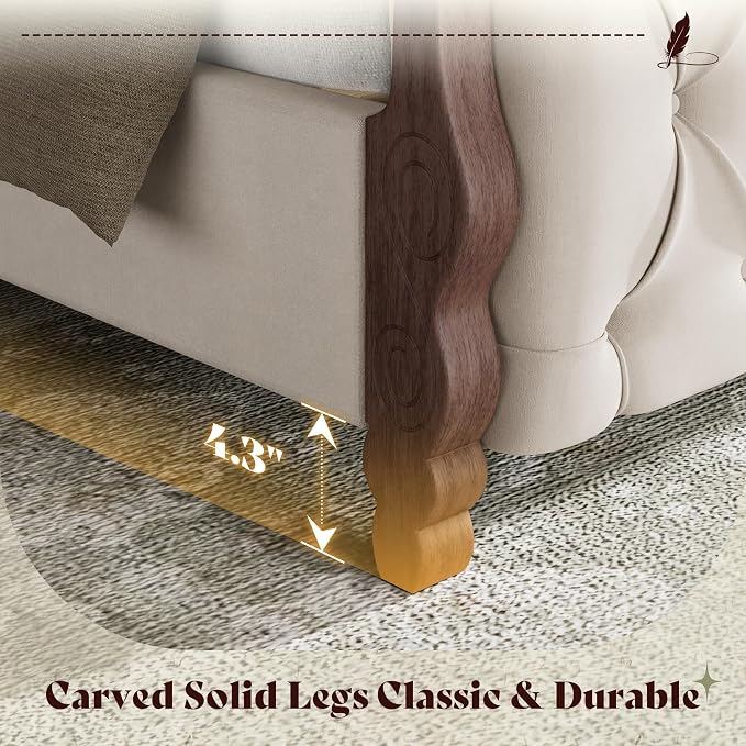 AMERLIFE Upholstered King Bed Frame, 53" Tall Sleigh Bed with Button Tufted Chenille Headboard and Footboard, Platform Bed with Carved Solid Wood Legs, No Box Spring Needed, Cream