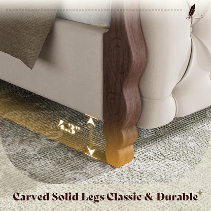 AMERLIFE Upholstered Queen Bed Frame, 53" Tall Sleigh Bed with Button Tufted Chenille Headboard and Footboard, Platform Bed with Carved Solid Wood Legs, No Box Spring Needed, Cream