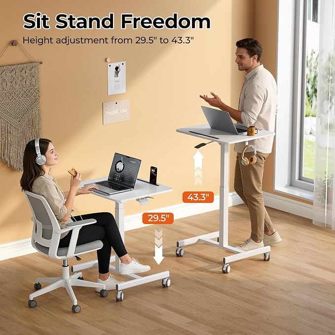JOY worker Mobile Standing Desk, 23.6" x 20.5" Small Rolling Laptop Cart with 90° Tiltable Desktop, Portable Height Adjustable Sit-Stand Computer Desk on Wheels for Home Office, White