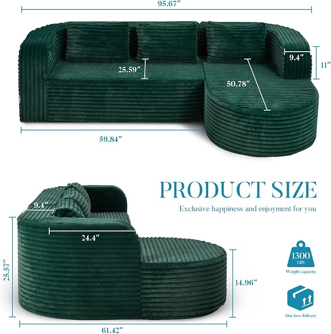Hobestluk Modular Sectional Sofa Couches L-Shape Couch 3 Seat Modular Sofa Memory Foam Sectional Couches for Living Room, Cloud Couch (Round Green, 96", Right Hand Facing)