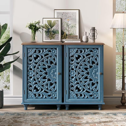 JOINICE Small Accent Cabinet with Hand-Carved Door for Living Room/Bedroom | Hand-Carved Floral Design, Farmhouse/Rustic Style, Space-Saving, Sofa Table, Solid Wood Legs, Adjustable Shelf, Easy Assembly