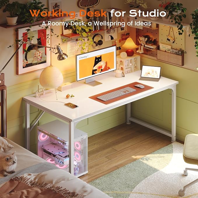 PRAISUN 47 X 24 Inch Deeper Desk with Power Outlets | Computer Desk for Bedroom, Office Desk for Work from Home, Writing Study Gaming Table, Stable Metal Frame, White