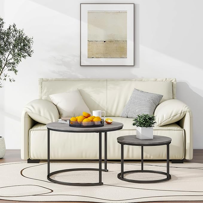 HOJINLINERO Round Coffee Table,Nesting Coffee Table Set of 2,Center Tables for Living Room,Office, Home Small Space,Stacking Side Tables,Sturdy and Easy Assembly,Wood Desktop,Black+Warm Grey,Large
