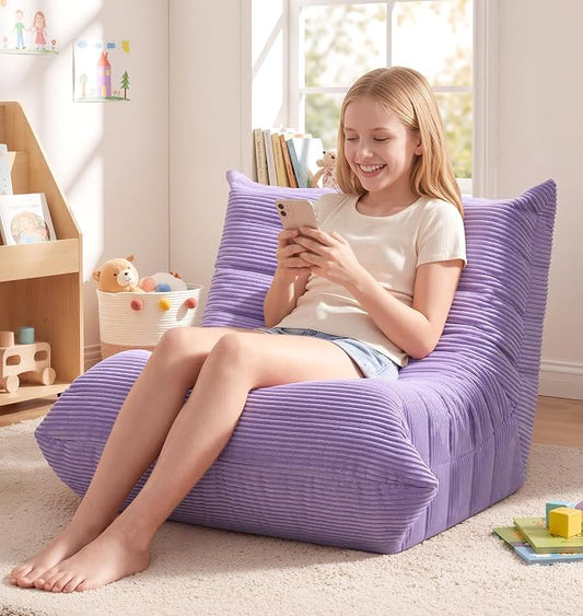 Hobestluk Medium Bean Bag Chair Faux Fur Fabric BeanBag Couch for Playroom | Purple Corduroy,Ergonomic Design,Memory Foam,Strong Supportive,No Assembly Required,DecorativeStyle for Living Room Bedroom