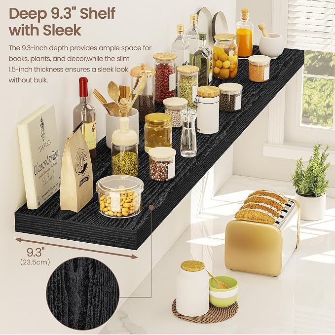 Vivelove 48 Inch Floating Shelves, Deep Wall Shelves with Invisible Brackets, Display Shlf for Bathroom Living Room Kitchen Bedroom Office Farmhouse Home Decor, 48" X 9.3" X 1.5" - Set of 2, Black
