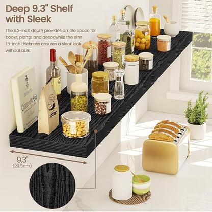 Vivelove 48 Inch Floating Shelves, Deep Wall Shelves with Invisible Brackets, Display Shlf for Bathroom Living Room Kitchen Bedroom Office Farmhouse Home Decor, 48" X 9.3" X 1.5" - Set of 2, Black