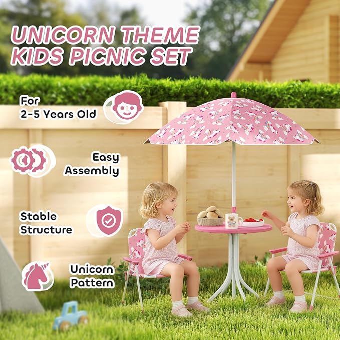 Qaba Kids Picnic Table and Chair Set, Outdoor Activity Table with Foldable Chairs, Removable Umbrella, Unicorn and Rainbow Pattern Toddler Patio Furniture for Backyard, Garden, Pink