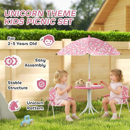 Qaba Kids Picnic Table and Chair Set, Outdoor Activity Table with Foldable Chairs, Removable Umbrella, Unicorn and Rainbow Pattern Toddler Patio Furniture for Backyard, Garden, Pink