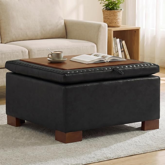 30 Inch Square Storage Ottoman Coffee Table, Modern Tufted Upholstered Ottoman with Flip Tray and Solid Wood Legs, Suitable for Living Rooms, Faux Leather Black