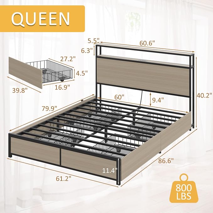 Lifezone Queen Bed Frame with 2-Tier Storage Headboard, Metal Platform Bed Frame with 4 Storage Drawers, Built in Charging Station & LED, Noise-Free/Metal Support/No Box Spring Needed, Beige