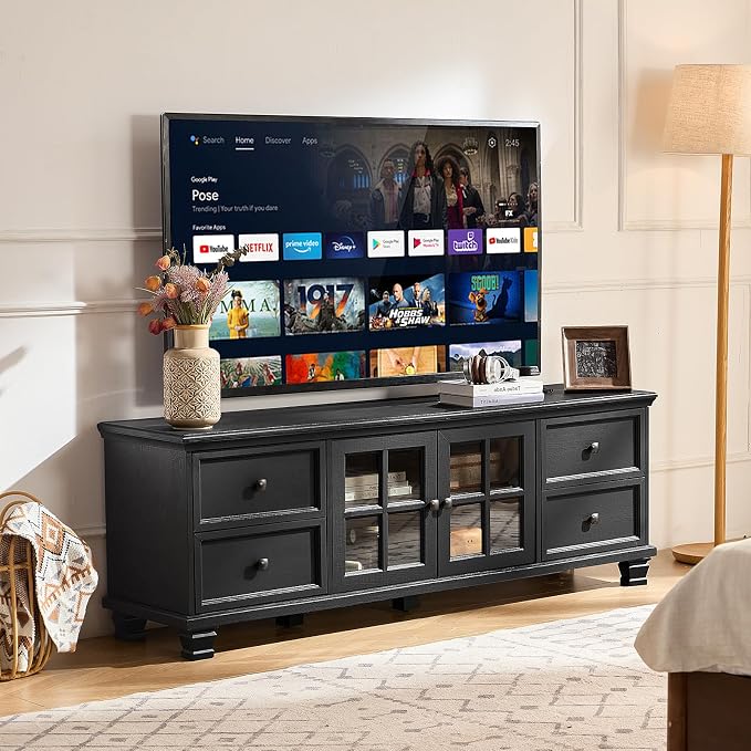 SAVOR LIFE Farmhouse TV Stand for Living Room, Rustic Black Entertainment Center with Storage Cabinet,Wood TV Console with 4 Drawers,Modern TV Stands for Bedroom,Black