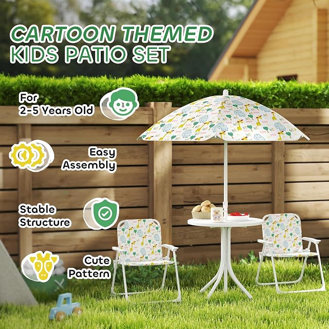 Qaba Kids Picnic Table and Chair Set, Outdoor Activity Table with Foldable Chairs, Removable Umbrella, Elephant and Giraffe Pattern Toddler Patio Furniture for Backyard, Garden, White
