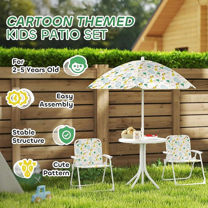 Qaba Kids Picnic Table and Chair Set, Outdoor Activity Table with Foldable Chairs, Removable Umbrella, Elephant and Giraffe Pattern Toddler Patio Furniture for Backyard, Garden, White