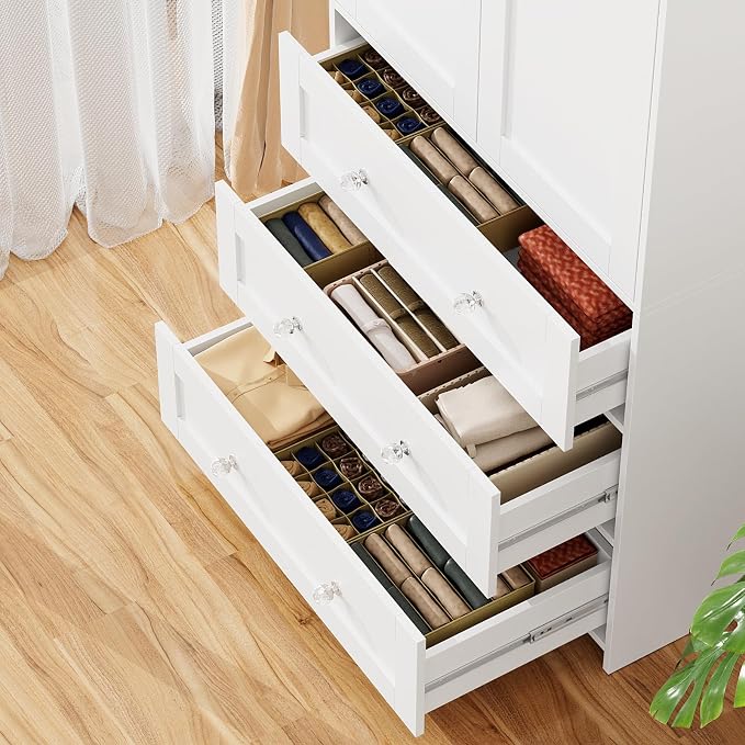 VOWNER Armoire Wardrobe Closet with Drawers and Mirror, 71" Clothing Storage Cabinet with Hanging Rod, 2 Doors Wooden Wardrobe Cabinet for Bedroom, Large Capacity Storage