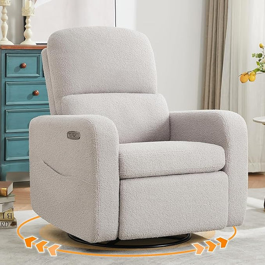 Power Swivel Rocker Recliner, Oversized Electric Boucle Recliner Chair, Teddy Swivel Glider Nursery Reclienr with Removable Cushion, Upholstered Recling Chair for Living Room Bedroom, Grey